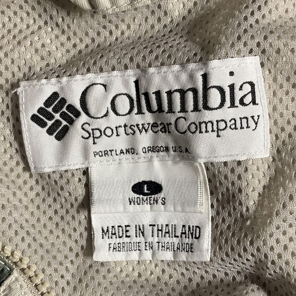 Columbia Olive Green Cream Hooded Vented Jacket Windbreaker Women's Large L EUC - Picture 5 of 5